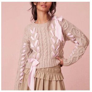 Juliana's Braided Pink Ribbon Cropped Chunky Cable Knit Sweater Taupe SIZE SMALL